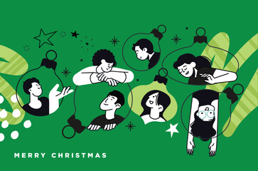 Cheerful illustration showing diverse people in festive Christmas ornaments, on a vibrant green background, symbolizing holiday connection and shared joy for seasonal greetings