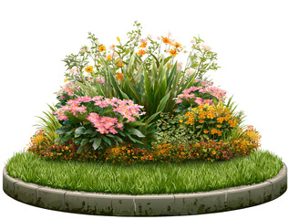 A vibrant flower bed isolated on transparent background, showcasing a variety of colorful flowers and lush green plants in full bloom