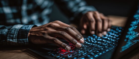 Close-up of hands typing on a backlit keyboard with blue and red lighting for gaming or programming at night