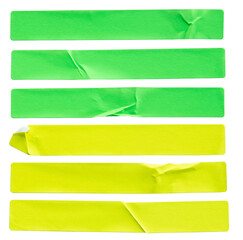 Set of six bright neon green and yellow adhesive paper strips isolated on white background