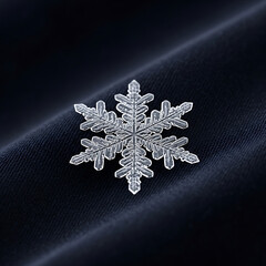 Detailed snowflake crystal on dark blue fabric close up macro shot