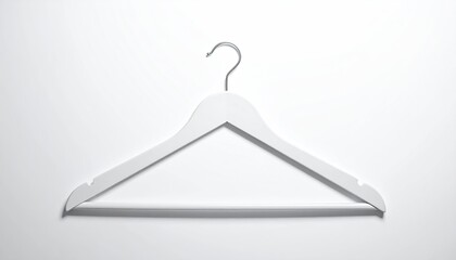 Simple white wooden hanger, metal hook, on a white backdrop