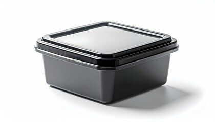 Gray square plastic container with black lid on white