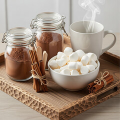 Hot Chocolate Ingredients on Wooden Tray Cozy Winter Drink Concept