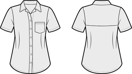 Classic women's short sleeve shirt technical drawing, button up shirt front and back flat sketch, fashion CAD vector illustration