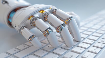 Highly Detailed Robotic Hand with Metallic Joints and Fingers Typing on a White Keyboard Showing Advanced Artificial ligence Technology Concept