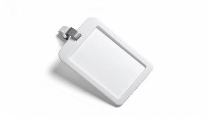Blank, white ID badge holder at an angle on white surface