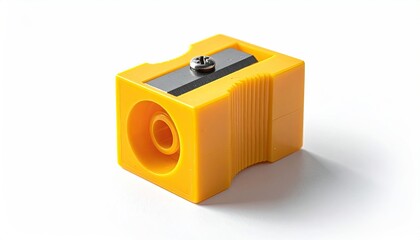 Yellow pencil sharpener, single hole, on white surface