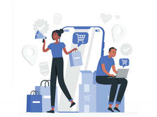 Diverse people engaged in online shopping with mobile phone and laptop e-commerce mobile shopping