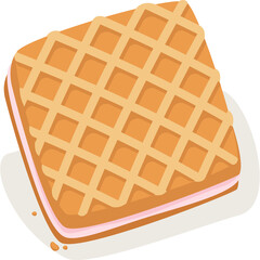 Square shaped waffle cookie with pink cream filling and a crisp cookie on a white background