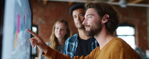 Focused diverse team collaborating on a project displayed on a screen. Illustrates innovation, teamwork, and data analysis in a modern, bright office setting.