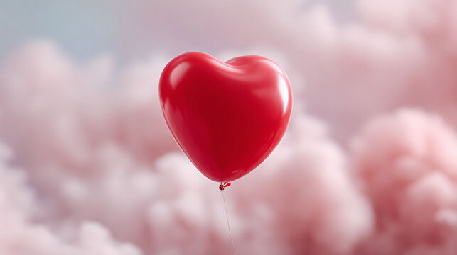 Romantic heart balloon floating amongst soft pink clouds. Symbolizes love, dreams, and freedom. Ideal for Valentines, weddings, and heartfelt messages.