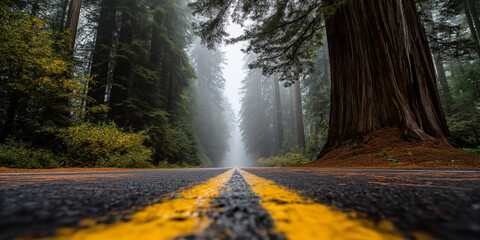 Wet road through foggy redwood forest with yellow line
