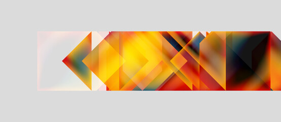 Fototapeta premium Abstract geometric composition. Warm colors dominate, featuring triangles, rectangles, overlapping shapes. Modern design, vibrant hues.