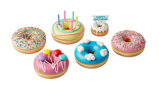 A festive collection of sweet donuts, perfect for celebrations and happy moments.