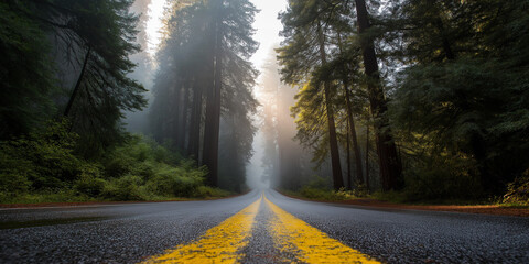 Road through foggy redwood forest with sunlight breaking through

