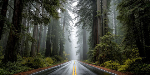 Straight road through dense misty redwood forest
