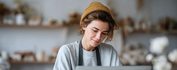 Focused portrait of a woman wearing a beanie and apron, working in her studio. Warm, authentic, and serene. Perfect for small business, lifestyle and creative content.