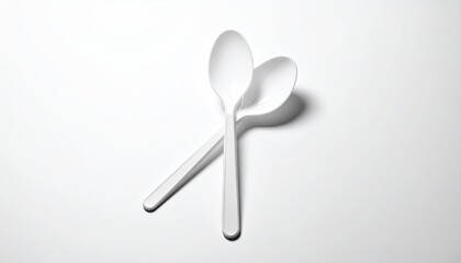 Two white plastic spoons crossed on a bright white surface