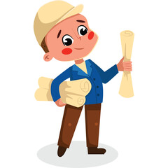 Cartoon Boy Character Wearing Blue Jacket and Hard Hat Holding Rolled Up Blueprints