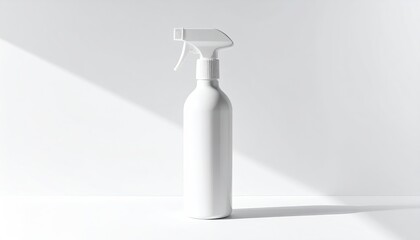 Plain white spray bottle against a white wall with soft light