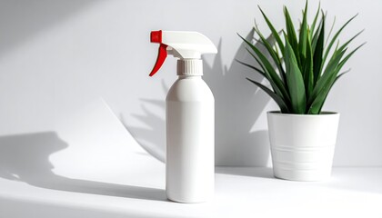 White spray bottle, red trigger, & green plant in pot