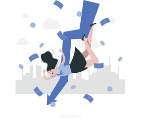 Woman falling down a steep financial graph with money flying around her business finance