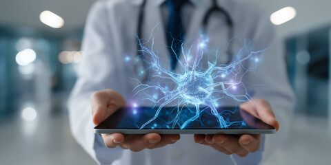 Medical professional displaying futuristic neural interface on tablet
