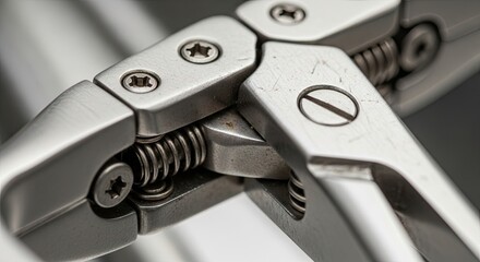 Precision engineered metallic hinge with articulated joints and springs.