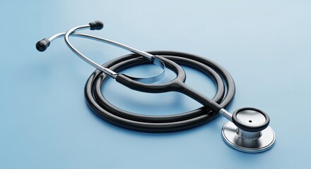 Professional medical stethoscope isolated on a solid blue background.