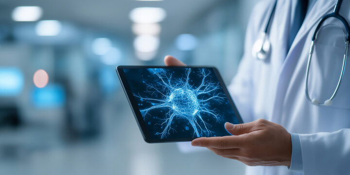 Doctor holding tablet with digital neural network hologram in hospital
 - Powered by Adobe