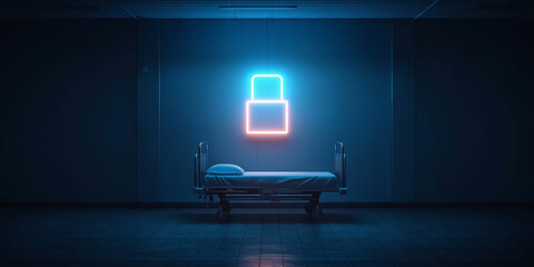 Futuristic empty hospital room with neon lock icon on dark wall
