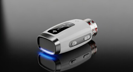 Sleek White and Silver Action Camera with Blue Light on Reflective Surface.