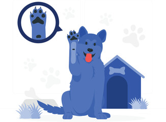 Blue dog waving paw with dog house and paw prints puppy canine