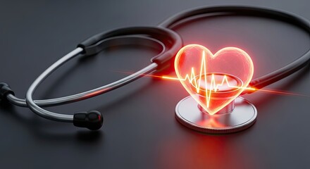 Stethoscope and glowing heart with pulse line on dark background, symbolizing healthcare and cardiology.