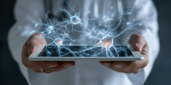 Medical technology showing neural network projection from tablet
