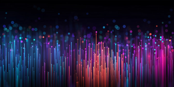 Vibrant glowing fiber optic lines in vertical arrangement
