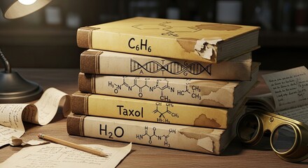 Vintage scholarly books displaying chemistry and biology concepts on a study desk.