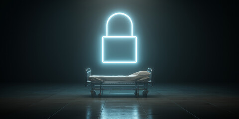 Hospital bed under glowing digital lock symbol in dark room
