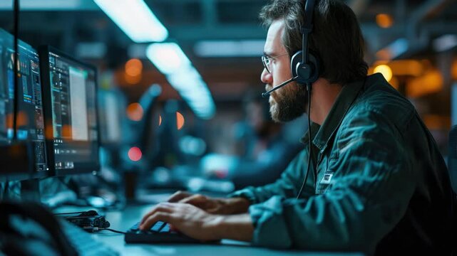 Focused individual working on multiple computer screens in a dimly lit office environment during late hours