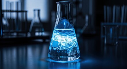 Abstract glowing energy in laboratory flask science concept.