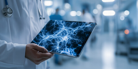 Doctor holding digital tablet with glowing neuron web in hospital
