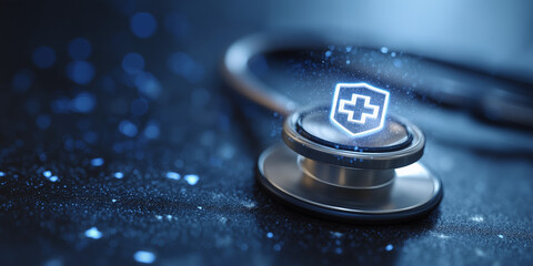 Stethoscope with holographic health shield glowing on dark background
