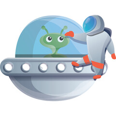 Cartoon Astronaut Reaching Towards Green Alien Inside A Flying Saucer With A Clear Dome And Silver Body Set Against A White Background