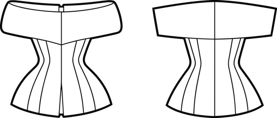 Off shoulder corset top fashion flat sketch, fitted waist technical clothing design, vector garment template, cad drawing flat vector illustration