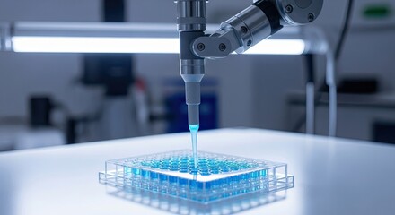 Automated laboratory robot dispensing liquid into multiwell plate for scientific research.
