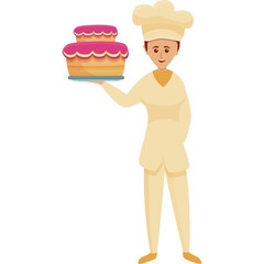 Cartoon Baker Character Holding A Two Tier Pink Frosted Cake Wearing A Chef Hat And Apron With A Transparent Background