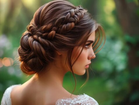 Elegant braid hairstyle tutorial showcasing a woman's profile in a natural outdoor setting during golden hour