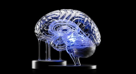 Brain Model with Blue Illumination on Black Background.