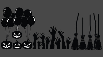 Vector art of halloween silhouette illustration featuring pumpkins with scary faces, balloons, zombie hands reaching out from the ground, and witch brooms on a dark gray background